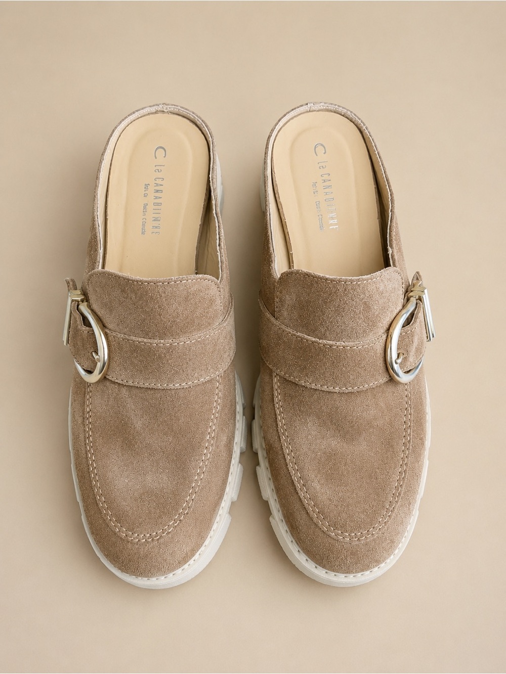 La Canadienne Taupe Suede Buckle Lug Sole Mule Loafers 8.5M